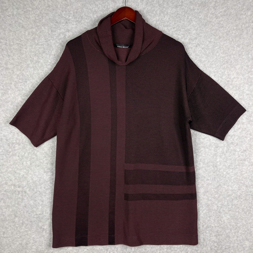 Ming Wang Burgundy Black Striped Cowl Neck Short Sleeve Tunic Top Size S/M